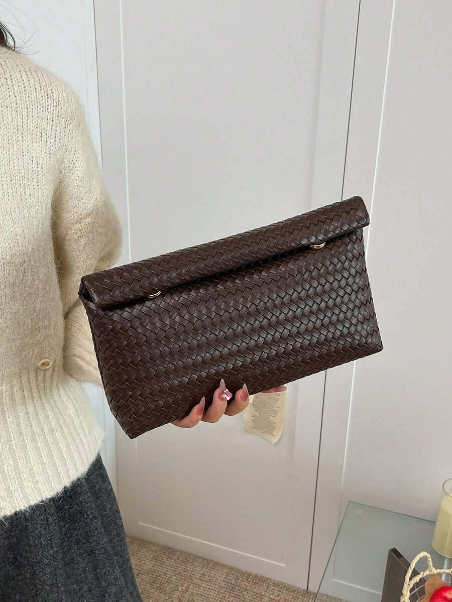 Bolso de mano de color sólido a la moda, de material PU, gran capacidad, con cierre magnético y solapa, bolso cuadrado con patrón de cocodrilo para mujer. - Plateado - Ver 1