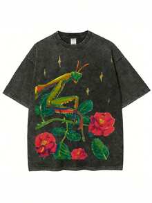 Camisetas de 230g con estampado de mantis y flores, camisetas de marca de moda vintage de algodón batik de alta calidad, camisetas para hombre, camisetas de verano para hombre, regalos para - Negro - Ver 1
