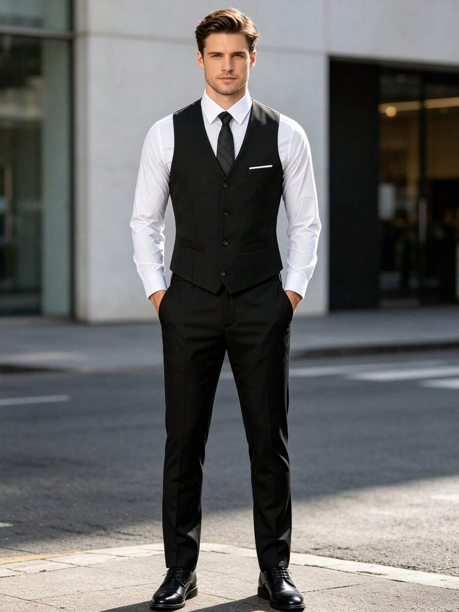 WindsorQuad 男士三件套西裝套裝,優雅純色修身紳士背心、長褲與領帶套裝,適合商務通勤、婚禮、派對、舞會 - 黑色 - 查看 1