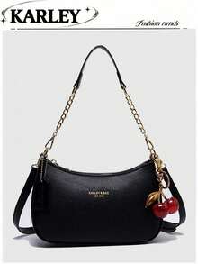 2026 Nuevo Bolso de Hombro/Axila de Cuero PU de Color Sólido con Diseño Gráfico de Letras, Clásico y Versátil, Bolso Estampado Elegante, Estilo Y2K, Ideal para Compras, Se Puede Llevar en la - Negro - Ver 2