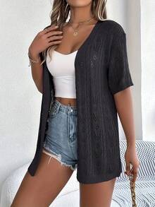 Plus Sizes - New For Summer: Women's Short Sleeve Openwork Cardigan, Loose Fit, Mid-Length, Lightweight And Breathable - الأسود - مشاهدة 3