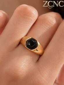 1pc 18K Gold Plated Women's Natural Stone Geometric Pattern Stainless Steel Ring (Green/Purple/Black) Suitable For Daily Wear, Party, Business Meeting And Other Occasions, Ideal For Valentine's Day/Anniversary/Gift/Mother's Day/Halloween/Christmas/Elderly Jewelry Gift - Ring - View 16