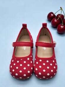 1 Pair Girls 3-13,Red White Polka Dot Single Strap Mary Jane Flats, Pearl Decor Kids Cloth Shoes, Soft Non-Slip Sole For Daily, Wedding & Photo Shoots - Red - View 3