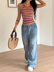 Y2K Summer Rainbow Striped Print Camisole Top, Fitted Striped Tank Top, Women's Sexy Bodysuit Top, Sexy Summer Top, Ribbed Top, Winter Layering Casual - Multicolor - View 4