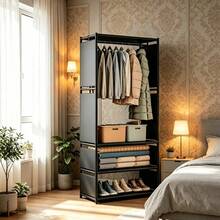 1pc Portable Fabric Wardrobe, Freestanding Dust-Proof Clothes Rack With Hanging Rod And Multi-Layer Storage Shelves, Large Capacity Clothing Organizer, Suitable For Bedroom, Apartment, Dorm - Multicolor - View 3