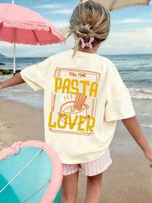 Lässiges Kurzarm-T-Shirt mit lustigem italienischem Pastamuster für Teenager-Mädchen - Aprikosenfarben - Übersicht 7
