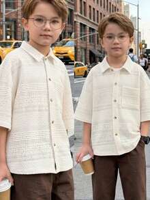 1pc Boys Hollow Crochet Shirt, 100% Polyester Breathable Textured Knit Button-Up Top, Vintage Bohemian Style Teen Boy Summer Short Sleeve Vacation Outfit - Beige - View 11