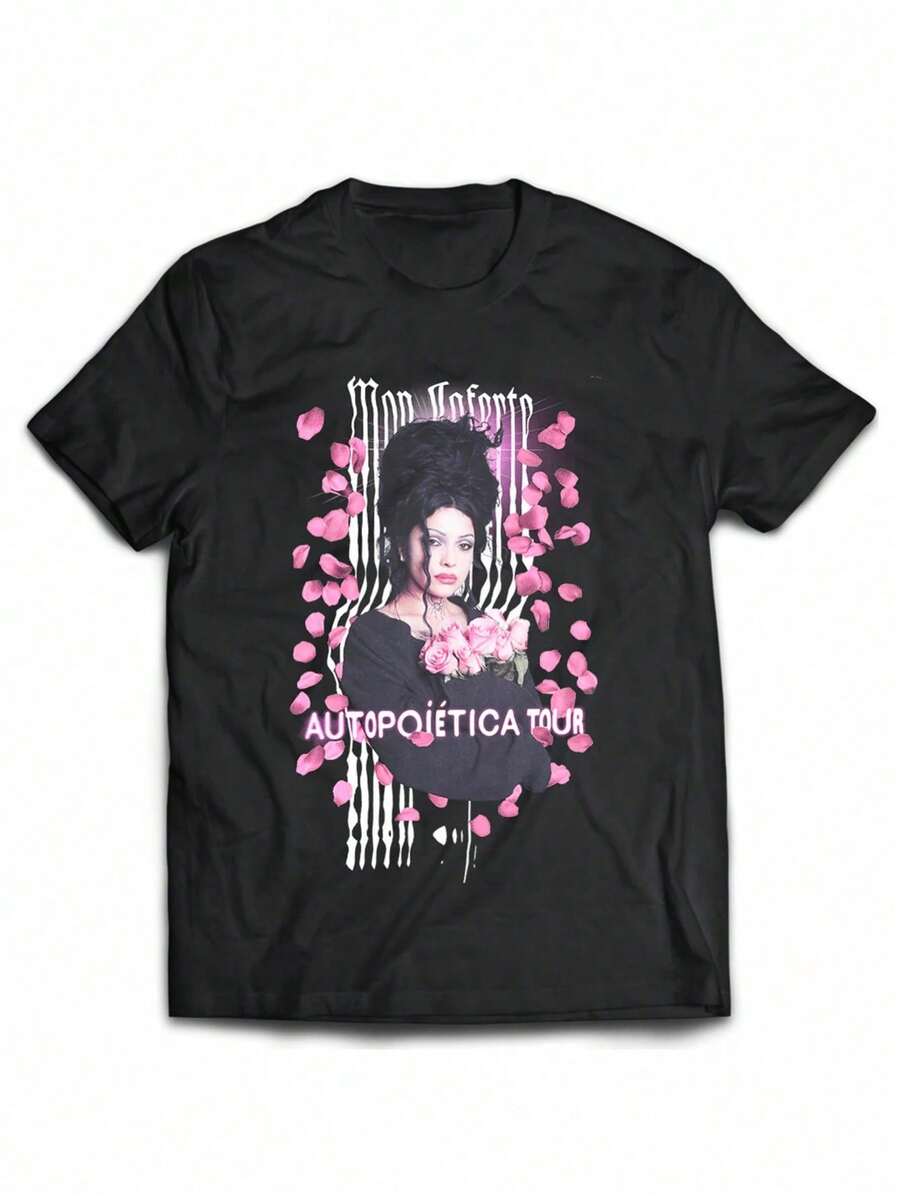 Camiseta casual de cuello redondo de moda, algodón, Mon Laferte, estampado gráfico y texto de la gira Autopoietica, regalo de streetwear perfecto para uso diario, regalo perfecto - Negro - Ver 1