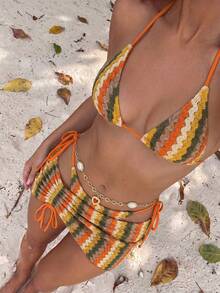 Bikinx Women's Wavy Pattern Backless Sexy Bikini Swimwear Set With Cover-Up Skirt, Suitable For Beach Vacation Summer - Multicolor - View 3