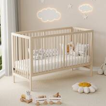 Cuna multifuncional 3 en 1 de madera Flieks, fabricada en madera de pino, convertible en cuna de noche, escritorio y caballete, cama infantil regulable en altura con acabado en madera natural, sin colchón, 120 * 60 * 90 cm. - Natural - Ver 2