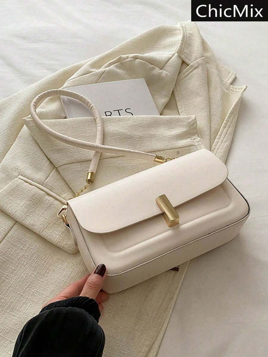 Este bolso de hombro con solapa de estilo minimalista, casual y de moda adecuado para ir de compras, llevar carteras y especialmente apropiado para - Blanco - Ver 1
