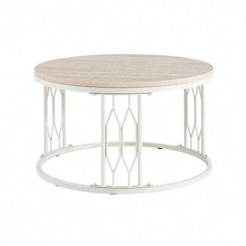 Round Coffee Table With Wood-Effect Top And Metal Frame, Modern Living Room Table With Geometric Iron Structure, Stable Round Side Table, Approx. 70 X 40.5 Cm - 白色 - 查看 1