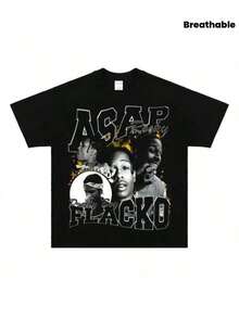 Camiseta Holgada de Manga Corta Estilo Hip Hop de Verano 25 ASAP Rocky para Hombre y Mujer, Transpirable, Estilo Y2K - Negro - Ver 1