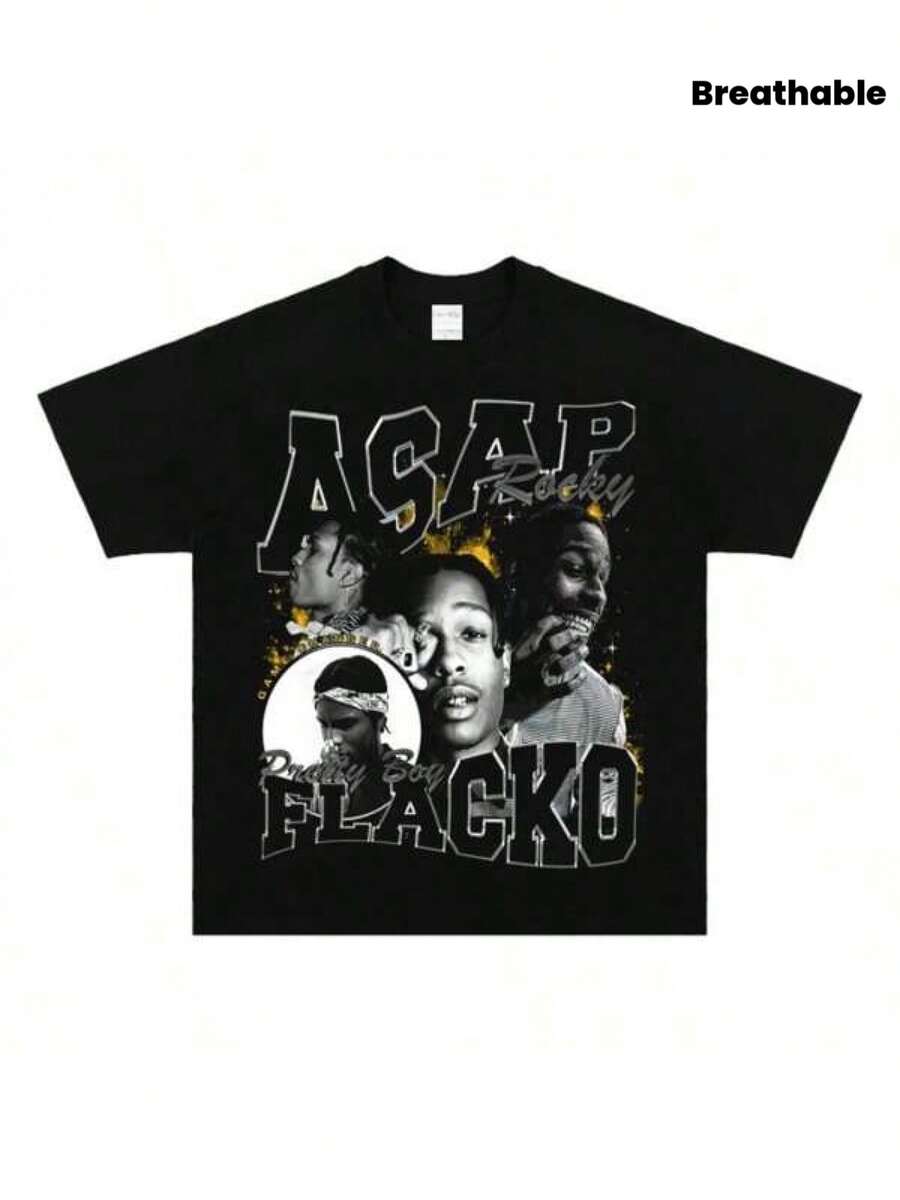 Camiseta Holgada de Manga Corta Estilo Hip Hop de Verano 25 ASAP Rocky para Hombre y Mujer, Transpirable, Estilo Y2K - Negro - Ver 1