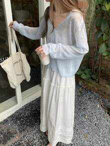 Spring/Summer V-Neck Loose Thin Casual Versatile Sun Protection Knit Cardigan Top For Women - Baby Blue - View 7