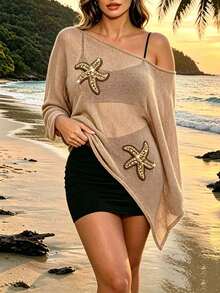 Plus Size Starfish Pattern Vacation Style Asymmetric Design Cape Knit Top Summer - Apricot - View 3