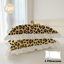 2 piezas/Set Fundas de almohada con volantes y estampado de volantes, cómodas, transpirables, amigables con la piel, suaves y lavables a máquina, estilo princesa (relleno de almohada no incluido), minimalistas y elegantes, adecuadas para dormitorio de estudiante, dormitorio, ropa de cama de hotel, todas las estaciones - estampado de leopardo - Ver 3