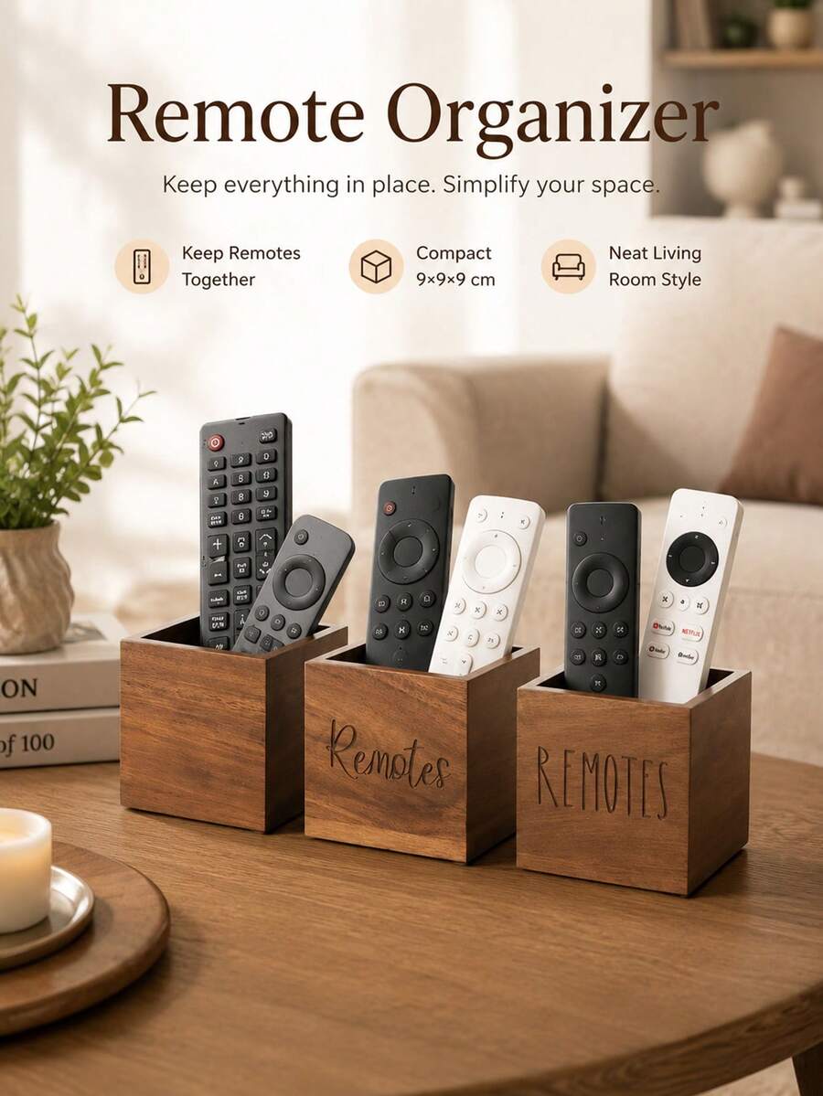 1pc Solid Wood Remote Control Holder, Solid Wood Desktop Storage Box, Suitable For Dorm Room Controller, Office Supplies And Study Essentials Storage Basket, Compact Storage Box For Bedroom, Living Room And Home Decor