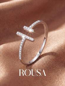 1pc 925 Sterling Silver Parallel Long & Short Diamond Inlaid Open Ring, Birthday Gift, Romantic Ladies Ring - Parallel - View 4