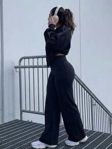 Pantalones de yoga de cintura alta con campana, levanta glúteos, elásticos, pantalones deportivos de pierna ancha suelta, lavables a máquina, para mujeres, leggings de pierna ancha, pierna r - Negro - Ver 1