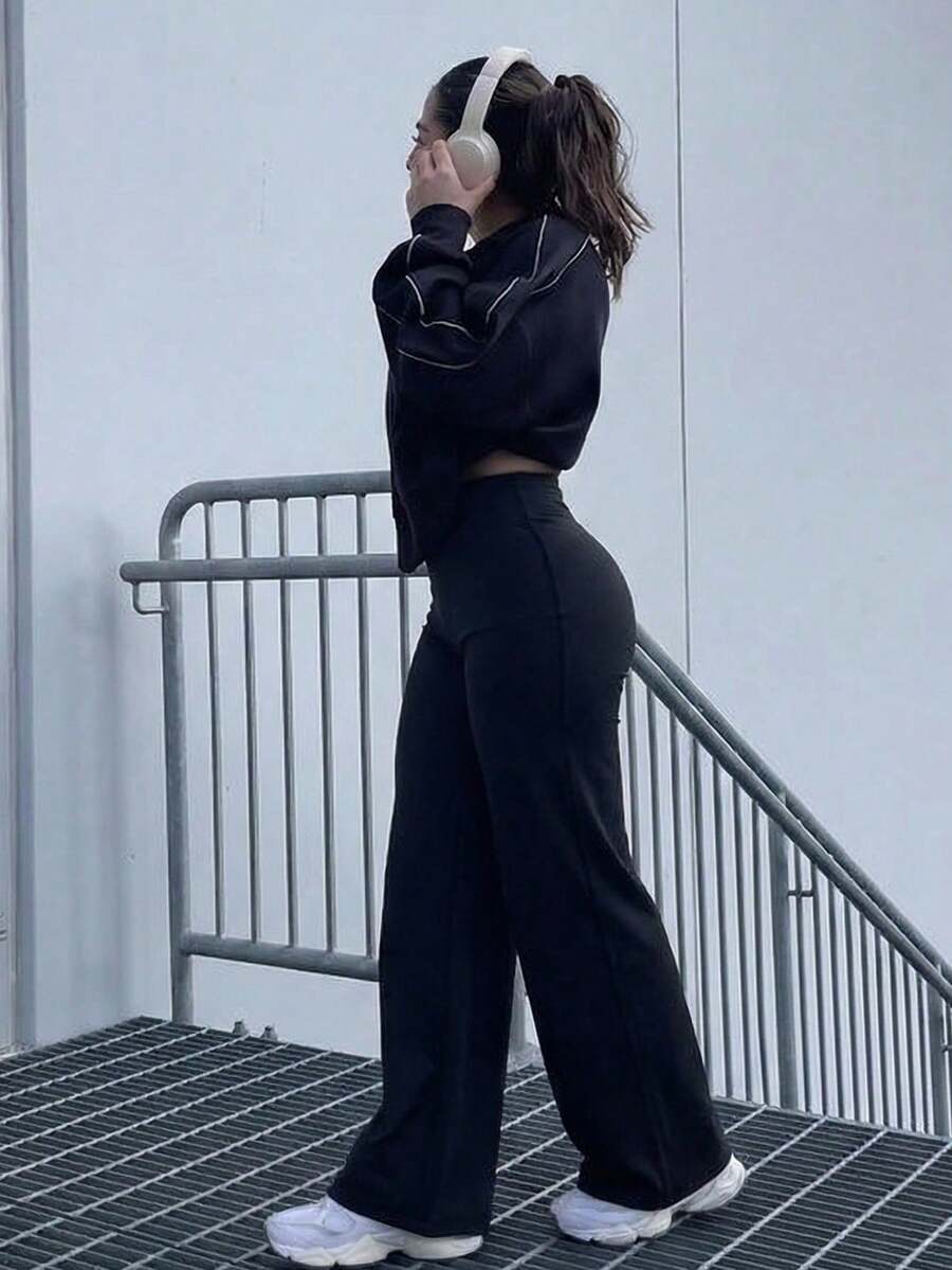 Pantalones de yoga de cintura alta con campana, levanta glúteos, elásticos, pantalones deportivos de pierna ancha suelta, lavables a máquina, para mujeres, leggings de pierna ancha, pierna r - Negro - Ver 1
