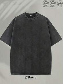 r sólido, lavado vintage, estampado temático creativo, cuello redondo, manga corta, estilo casual, disponible en tallas S-XXXL, lavable a máquina, accesorio de moda, artículo de moda urbana. - Negro - Ver 2