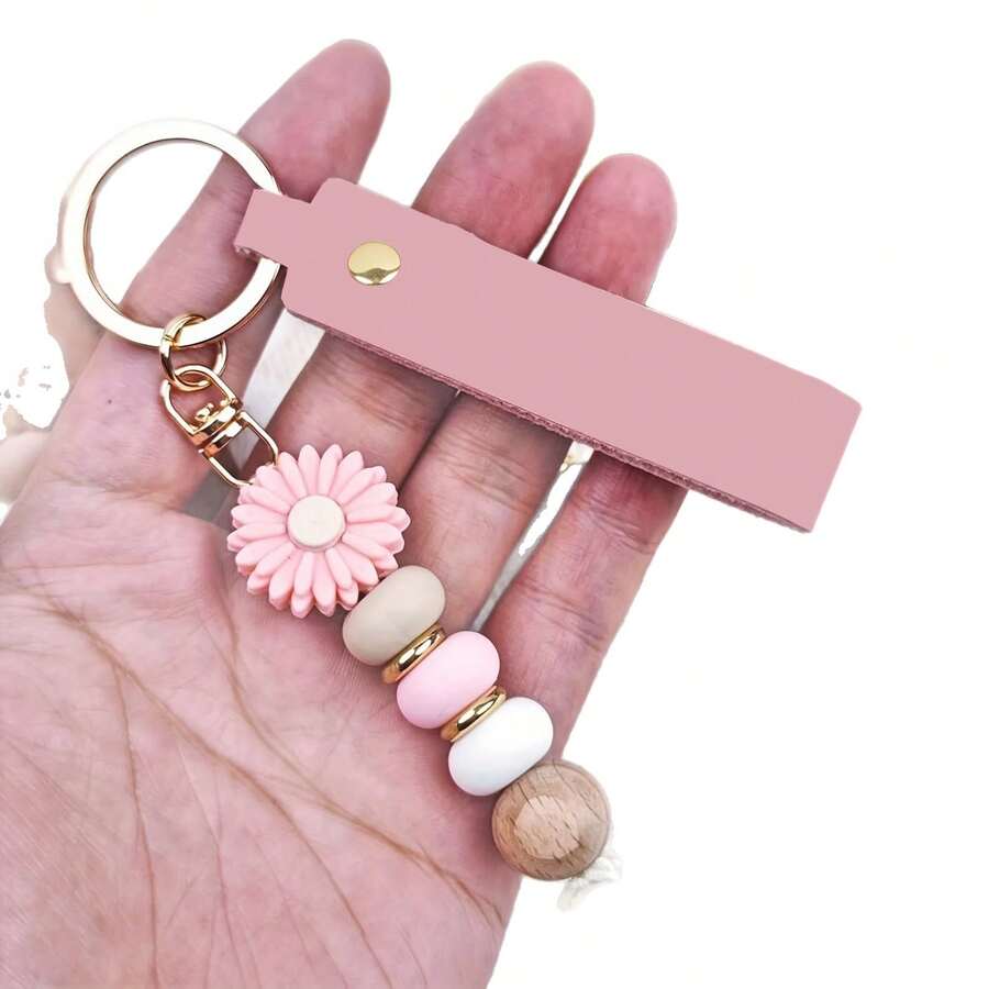 1 Stück cremefarbener Silikon-Blumen-Perlen-Schlüsselanhänger, personalisierter Paar-Anhänger mit Namen und Blumen-Anhänger - sanfte Farbe und goldene Perlen, Karabinerverschluss, elegantes Geschenk für Frauen, Lehrer, Geburtstag, Weihnachten, Hochzeit, Valentinstag, Jahrestag - langanhaltend Kunstperlen-Schlüsselanhänger, zufällige Farbe