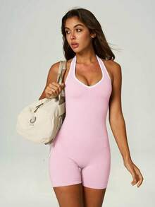 UONNOU Halter Neck Open Back Romper For Women, Contrast Trim Tummy Control Slim Sports Bodysuit - Pink - View 7