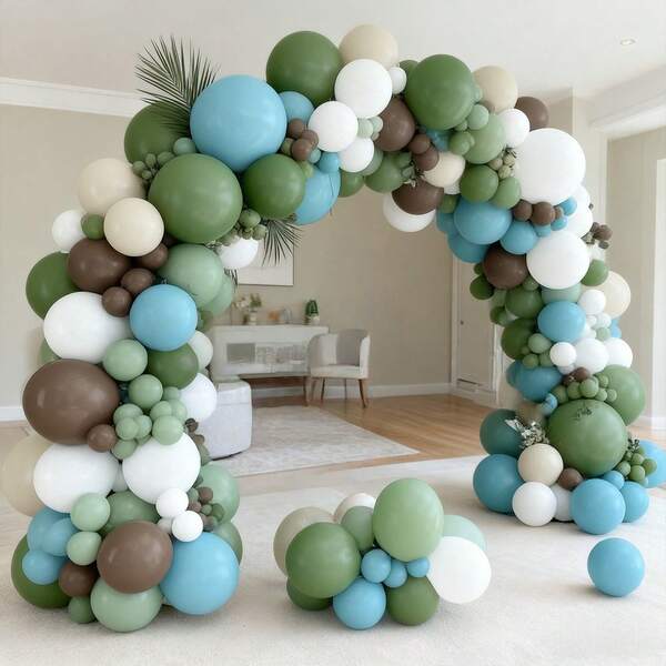 120 Latex Balloons In White, Blue, Green, And Brown, Perfect For Events, Holidays, Engagements, Bridal Gifts, Birthday Parties, Anniversaries, Baptism Backdrop Decorations, Valentine's Day, New Year, And Wedding Photo Background Vibes