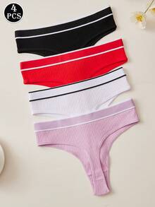 4pcs/Pack Women's Sexy Thong Soft Solid Color Minimalist Underwear - Multicolor - View 2