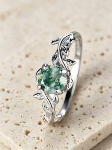 1pc Delicate Four-prong Setting Round Green Chalcedony & Leaf Shaped Silver Ring, Ideal For Engagement & Wedding Gift - Green - View 2