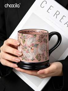 choxila 1pc Cute Pink Swan Floral Print Ceramic Mug Large Capacity Coffee Cup Milk Tea Cup Decorative Breakfast Water Mug - Floral Swan Cup - View 1