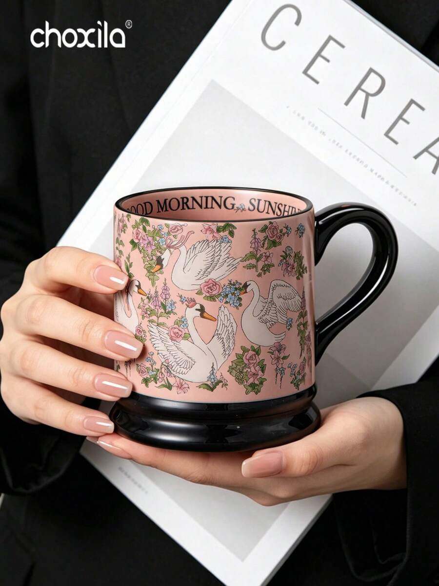choxila 1pc Cute Pink Swan Floral Print Ceramic Mug Large Capacity Coffee Cup Milk Tea Cup Decorative Breakfast Water Mug - Floral Swan Cup - View 1