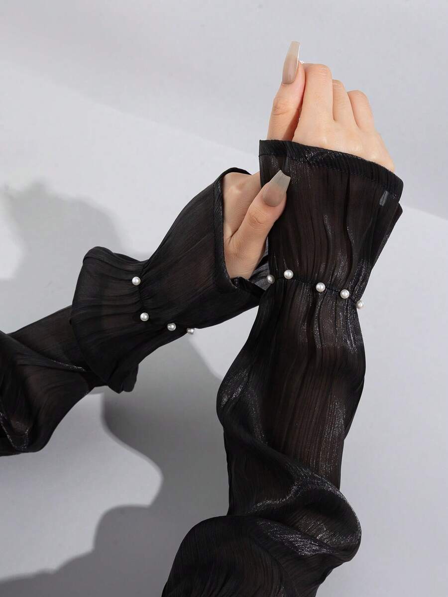 1 Pair Pearlescent Chiffon Pearl Trim Bell Sleeve Arm Covers, Soft Thin Breathable Arm Sleeves