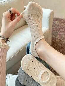 6 Pairs Women's Aesthetic Polka Dot Hollow Invisible Boat Socks, Ruffle Edge Anti-Slip Design - Multicolor - View 4