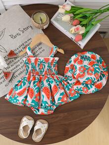 Gaun Bayi Motif Semangka dengan Tali Bahu Berkerut dan Topi, Perlengkapan Foto Liburan Pantai - MultiWarna - View 2