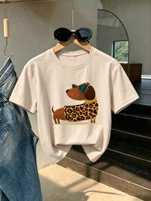 Girls Fashion Leopard Dachshund Fashion Glasses Front Print T-Shirt, Kid Casual Loose Short Sleeve Summer Puppy Tee - Apricot - View 1