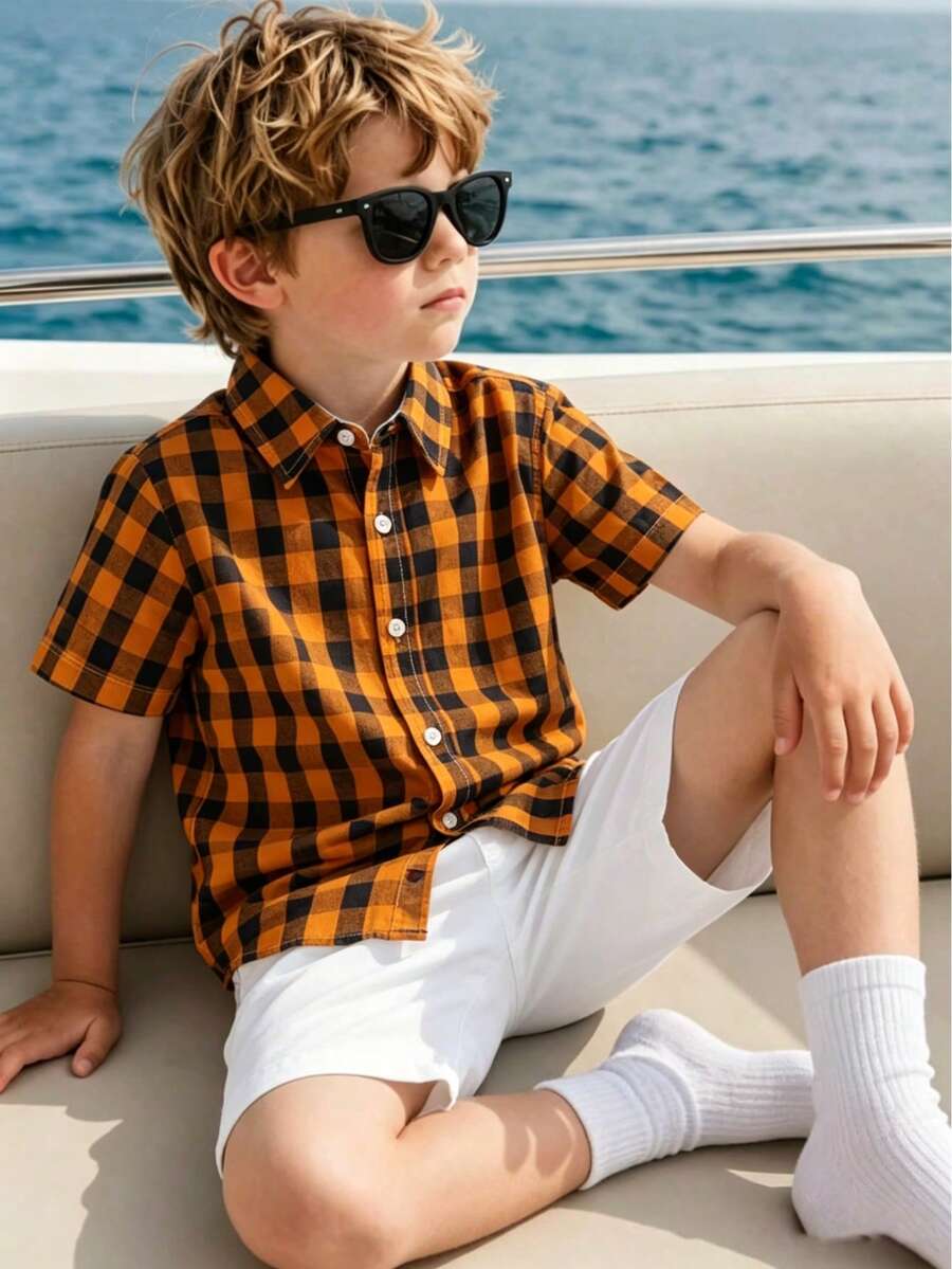 Young Boys' Raglan Short Sleeve Front Button Plaid Casual Shirt, Summer - Yellow - View 1