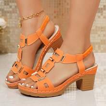 Sandal Wedges Platform Gesper Warna Solid Retro Wanita Ukuran Besar, Sepatu Pantai, Sepatu Musim Panas - Jeruk - View 11