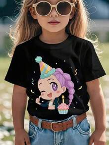 Camisetas de algodón con estampado alegre para niñas - Camiseta suave y transpirable, k-pop guerreras, ropa de niña de 10 años, tops, kpoop guerreras, camiseta gráfica a juego de Navidad fam - Negro - Ver 2