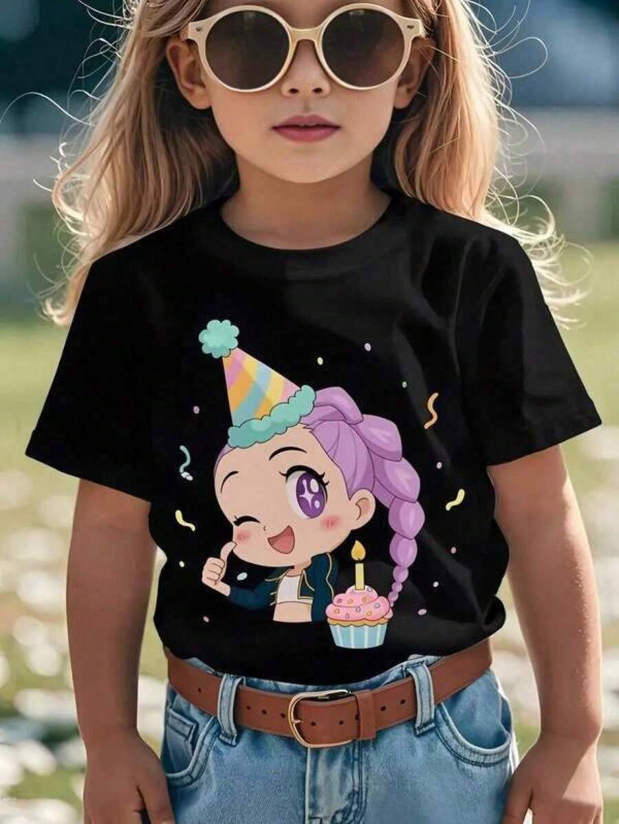 Camisetas de algodón con estampado alegre para niñas - Camiseta suave y transpirable, k-pop guerreras, ropa de niña de 10 años, tops, kpoop guerreras, camiseta gráfica a juego de Navidad fam