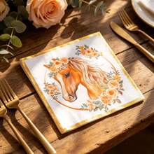 25/50/100pcs Floral Horse Head Pattern Gold Rim Disposable Paper Napkins, Bohemian Style Exquisite Horse Head Floral Party Napkins With Gold Foil Edge Decoration, Suitable For Birthday Party, Equestrian Theme Wedding, Picnic Gathering, Baby Shower, Bridal Shower, Wedding And Afternoon Tea Table Decor - Multicolor - View 9