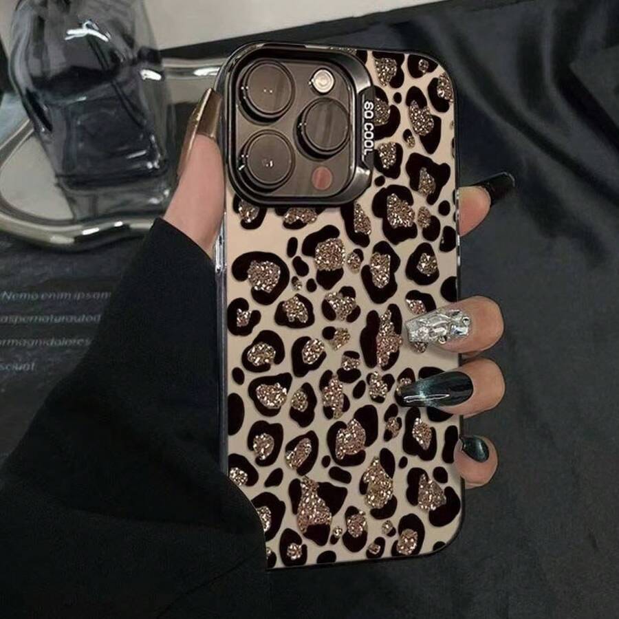 Funda de teléfono con estampado de leopardo brillante apta para Apple 16 Pro Max, 15 Pro Max, modelo nuevo de alta gama 14, estilo europeo y americano 17 - Carcasa plateada - Negro - Estampado de leopardo brillante - Ver 1