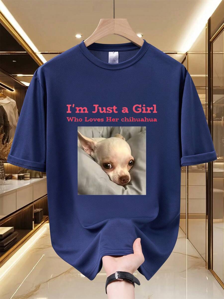 Camiseta de cuello redondo esencial para la moda urbana!Camiseta diaria fresca con estampado de mascota adorable para chicas amantes de los chihuahuas, mangas cortas de malla transpirable, p - Gris - Ver 1