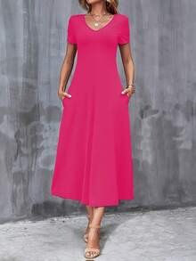Casual V-Neck Short Sleeve Dress With Pockets. Solid Color, Machine Washable, Versatile For All Seasons. - 黑色 - 查看 4