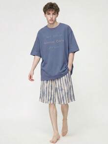 Setelan Pakaian Santai Pria Gaya Korea INS Kasual Dasar dengan Motif Huruf, Kancing, Kerah Bulat, Lengan Pendek - Celana Pendek Bergaris, 2 Potong, Cocok untuk Pakaian Luar Ruangan, Musim Semi/Panas - Dusty Blue - View 4