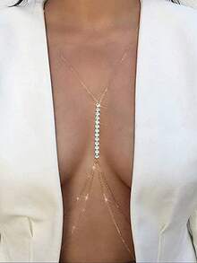 pieza de cadena corporal con adornos de cristal, elegante y sexy, adecuada para fiestas, ropa de playa, regalo de vacaciones. - Oro - Ver 4