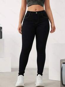 Jeans ajustados básicos de mezclilla basico, elásticos, con efecto levantador de glúteos - color primario - Ver 1