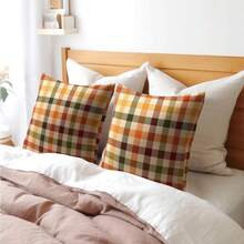 2pcs Autumn Plaid Pillow Covers, Vintage Orange Yellow Buffalo Check Cushion Covers, Linen Texture Farmhouse Harvest Decor Pillow Covers, Suitable For Sofa And Bedroom Home Decor, Pillow Insert Not Included - Orange - View 4
