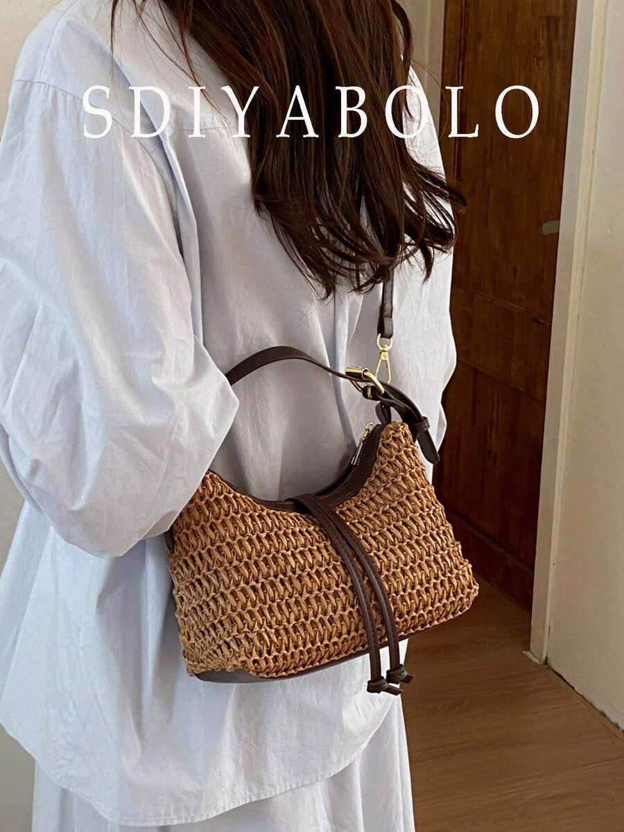 Bolso de playa grande de paja con capacidad vintage, bolso de hombro cruzado de vacaciones - Caqui - Ver 1